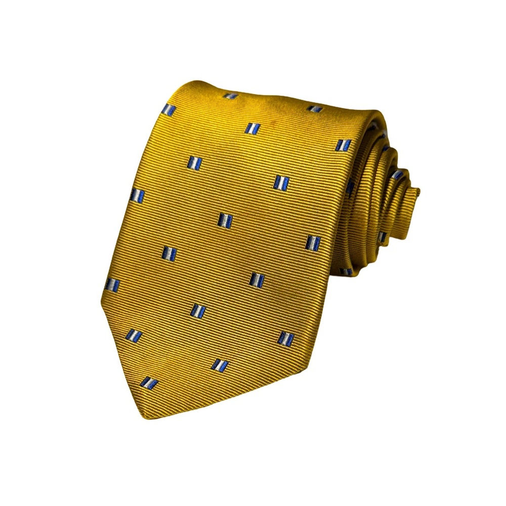 Brooks Brothers mens gold blue flag print 100% silk neck tie EUC